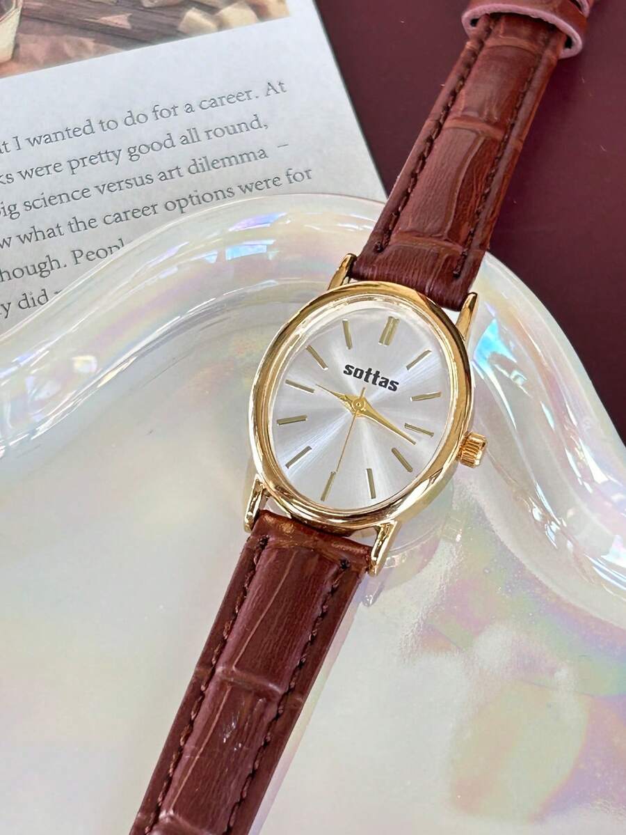 Nuevo reloj de señora ovalado dorado - Estilo coreano, simple, elegante, casual, versátil, de lujo ligero, reloj de pulsera de cuarzo de nicho con correa de cuero