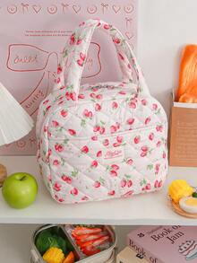 1 Piece Girls' Foam Quilted Lunch Bag Pink Floral Print Insulated Lunch Box Bag Large Capacity Travel Lunch Box Bag Reusable Insulated Lunch Bag Cute Strawberry Pattern Lunchbox Tote Bag Fruit Food Storage Bag With Bow Pendant Thermal Insulated Lunch Box Bento Pouch Bow&Strip Pattern Dinner Insulation Bag Portable Cooler Bag - Multicolor - View 12