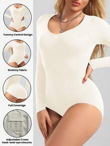1pc Women's Black Seamless Crew Neck Long Sleeve Shapewear, Full Coverage Comfortable Bodysuit - Apricot - View 2