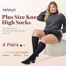 MANZI Plus Size Knee High Socks For Women Nylon Trouser Socks Women 40 Denier Semi Opaque Knee High Stockings{"Size_name":"X-Large-XX-Large","Color_name":"Black*4"} - 黑色*4 - 查看 3
