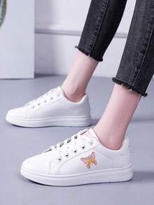 Zapatillas deportivas casuales blancas con cordones y bordado de mariposa para mujer Zapatillas deportivas blancas antideslizantes, tenis de mujer, sandalias para dama, tenis para mujer, tenis blancos para mujer, zapatilla elegantes de mujer, zapatos comodos de mujer, resistentes y versátiles. Adecuadas para actividades al aire libre para llevar a diario con ropa informal zapatos para mujer. - Rosa - Ver 2