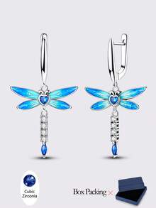 1 对 925 纯银耳环，适合女士，夜光萤火虫形状，闪耀方晶锆石，优雅耳环，珠宝礼品，适合日常派对购物佩戴