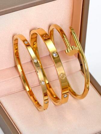 18K Gold Plated Stainless Steel Four-Leaf Clover Nail Bracelet, Suitable For Women's Daily Wear, European And American Classic Popular Plant Element Design, Inlaid With Cubic Zirconia, Luxurious And Casual Rhinestone Jewelry, Wedding Jewelry Set, Girls, Women, Mothers, Relatives, Friends, Beautiful Wedding, Birthday, Valentine's Day, Mother's Day Gift