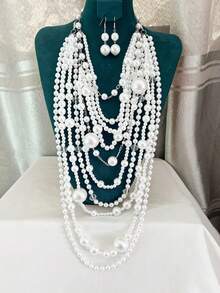 1 Set Women's European And American Fashion Accessories- Multi-Layer Pearl Necklace, Exaggerated Style Long Pearl Necklace, Popular Handmade Beaded Pearl Body Chain