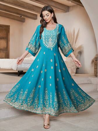 Plus Size Middle Eastern Style Bohemian Embroidered Dress, Vintage Loose Casual Vacation Beach Dress