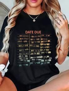 CHICLY19 Vintage Library Due Date Card Graphic Cotton Tee, Women's Retro Slogan Print T-Shirt, Casual Crew Neck Short Sleeve Oversized Black Top, Book Lover Aesthetic Cotton Tee For Everyday Wear - Black - View 1