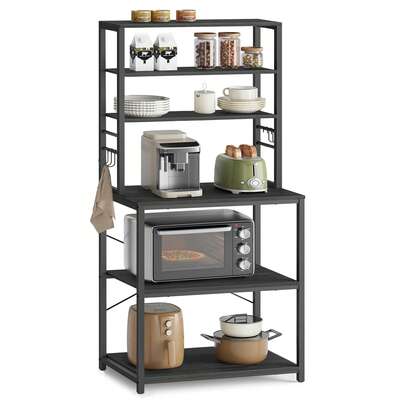 Kitchen Storage Rack, Coffee Bar, Baker's Rack, Total 6 Shelves And 6 Hooks, For Microwave, Steel Frame, Industrial, 40 X 60 X 167 Cm, Charcoal Grey And Ink Black