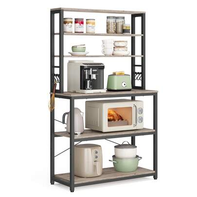 Kitchen Storage Rack, Coffee Bar, Baker's Rack, Total 6 Shelves And 6 Hooks, For Microwave, Steel Frame, Industrial, 40 X 60 X 167 Cm, Greige And Black