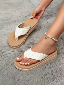 Women's Flip Flops, Thong Sandals, Beach Shoes, Summer Slippers, Brown, Camel, Beige, Wedge Heel, Platform, Summer, Beach, Wavy Stripe, Vacation, Party, Fashion-Forward, Elegant, Bohemian, Casual, Commute, Street, Woven, Outdoor, Party, Office, Beach, Resort, All Season - Beige - View 2