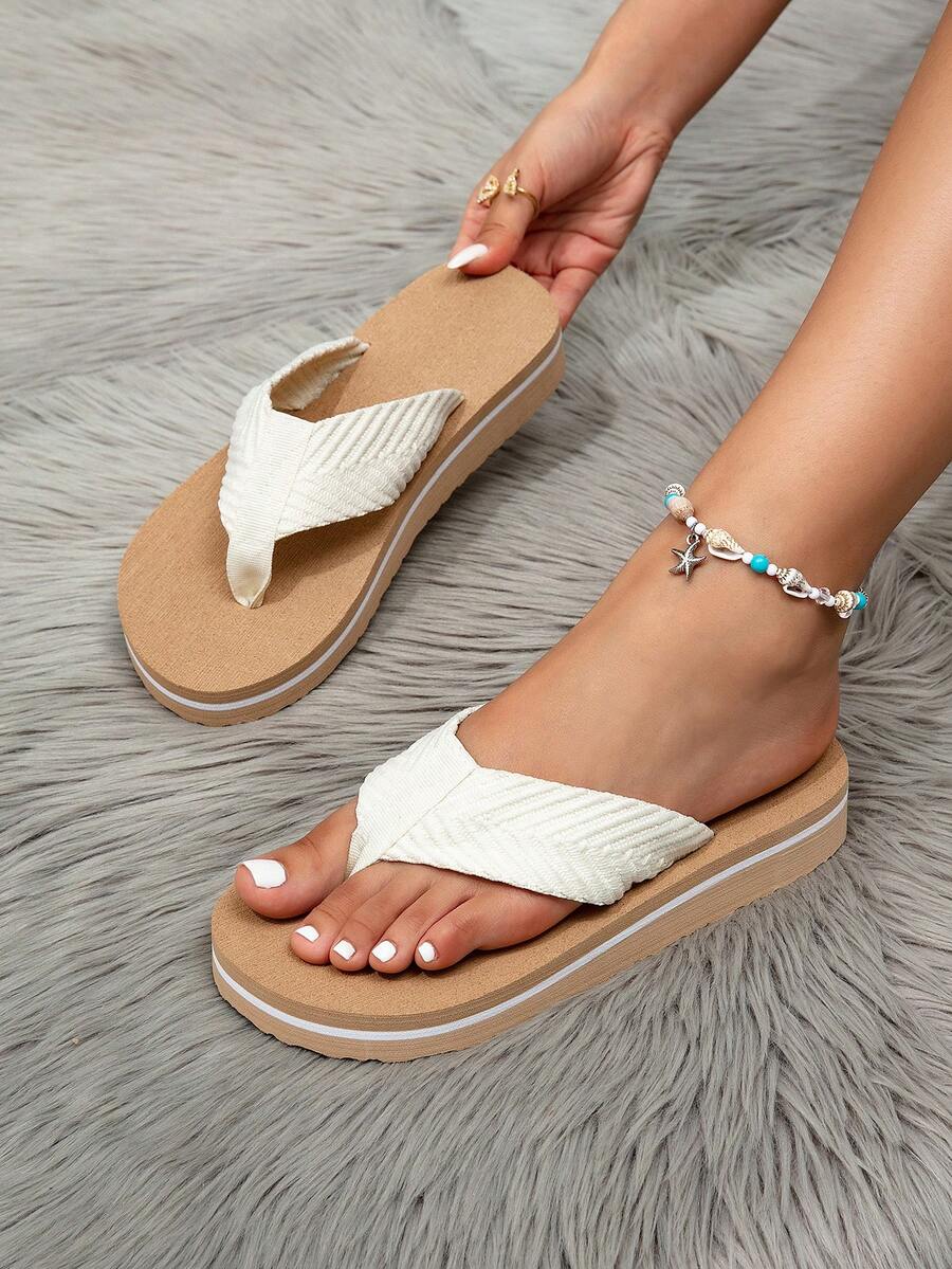 女士人字拖、凉拖、沙滩鞋、夏季拖鞋，棕色、驼色、米色，坡跟、厚底，夏季，沙滩，波浪条纹，度假，派对，时尚前卫，优雅，波西米亚风，休闲，通勤，街头，编织，户外，派对，办公室，海滩，度假村，四季皆宜 - 米色 - 查看 1