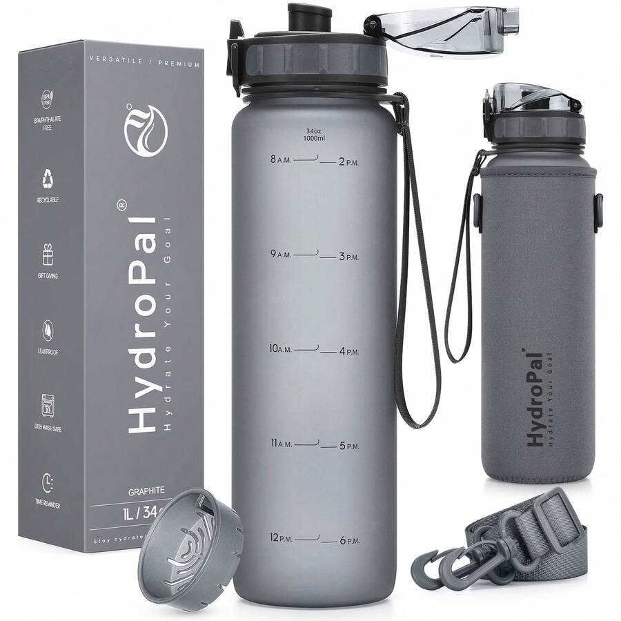 Unistar Water Bottle With Time Marker -Large 34 Oz Tritan Bottle & No Sweat Sleeve -Leak Proof Gym Sports Bottle With Fruit Infuser Strainer & Carrying Strap - Gift Package For Christmas - Xám - Xem 1