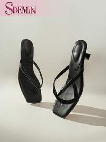 SDEMIN Summer New Arrival Women's Solid Color Slippers, Elegant Vacation Shoes, Casual Beach High Heels Sandals, Fashionable Easy-On Heels For Dress - 黑色 - 查看 2