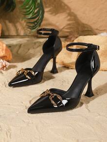 女士可调节绑带尖头9厘米优雅细高跟鞋，金属搭扣PU材质黑色高跟鞋，适合日常穿着/派对场合 - 黑色 - 查看 5