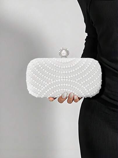 1 pieza Elegante bolso de mano tipo clutch con caja de perlas falsas, bolso de mano romántico para fiesta de boda con decoración de cristal de lujo, adecuado para novia en ocasiones formales, bolso de mano para boda