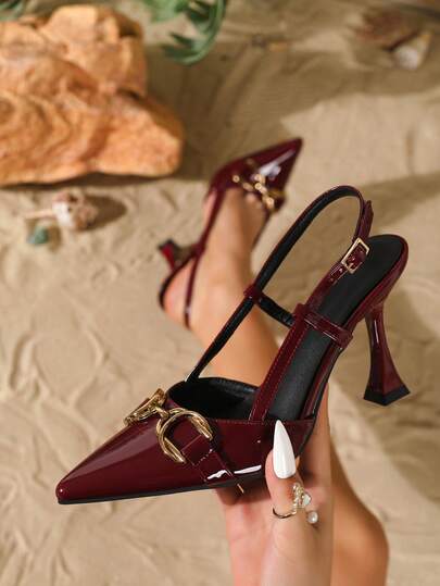 Women's Adjustable Strap Pointed Toe 9CM Elegant Stiletto High Heels, Metallic Buckle, Mirror PU Material, Wine Red, Suitable For Daily Wear, Party, Date,Burgundy Heels