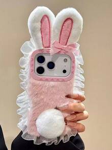 冬季韩式蓬松兔耳朵和尾巴柔软 14 Pro Max/16/17 手机壳，全覆盖防震保护套适用于 15/13，独特的女性化设计 - 粉色 - 查看 4