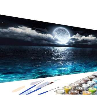 1pc Large Size Moon Over The Sea Digital Oil Painting, Suitable For Adult Beginners, No Frame, 40x80CM/15.7x31.5 Inches, DIY Acrylic Digital Oil Painting Kit, Art Craft For Home Room Wall Decor, Ideal Gift For Birthday, Mother's Day, Father's Day, Christmas