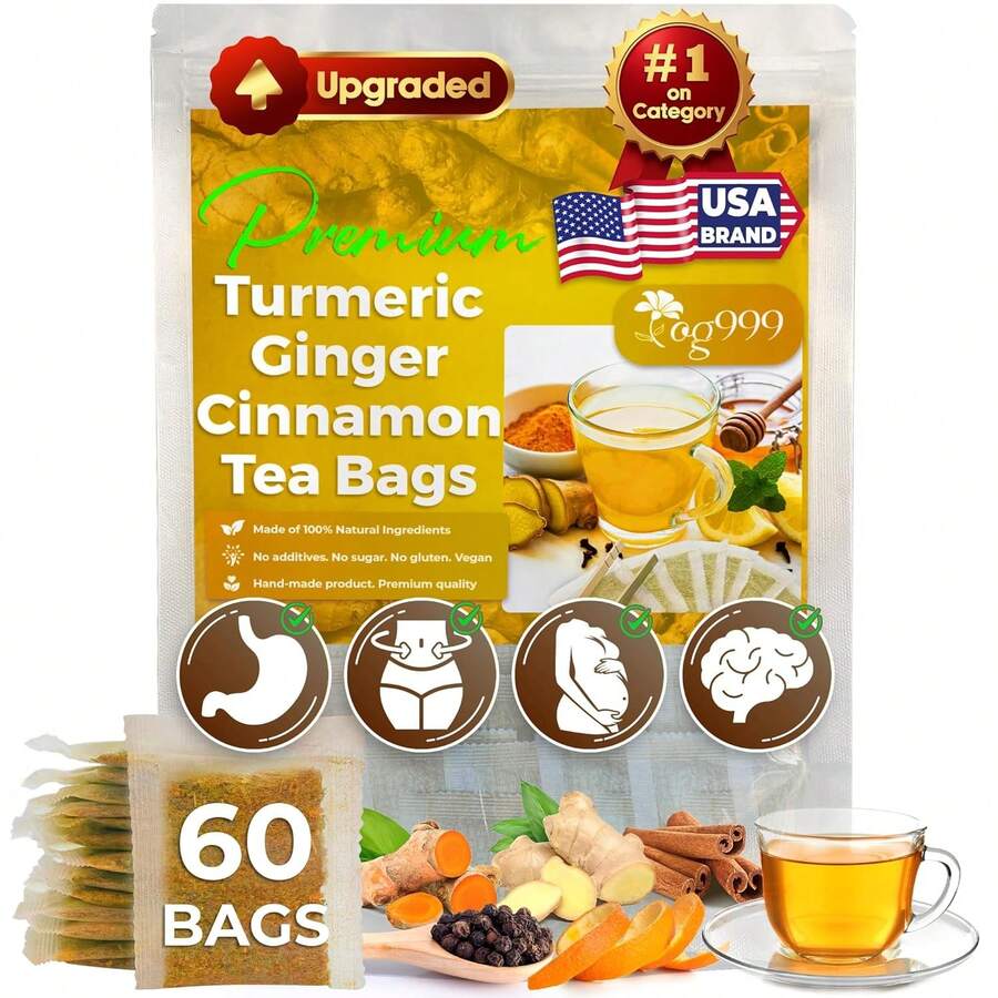 TOG999, 120 Bags Premium Turmeric Ginger Cinnamon Tea. Upgraded Version. Improve Digestion, Support Brain, Weight, Skin And Sleep. -Conscious Tea Bags. No Sugar, No Caffeine, No Gluten, Vegan. - 60 Tea Bags - View 1
