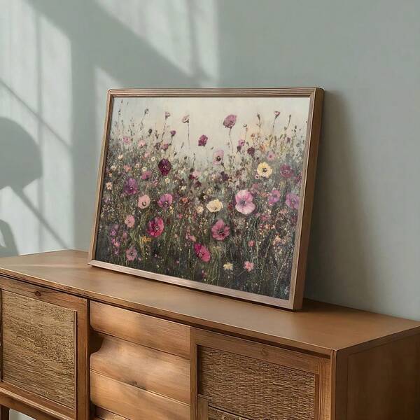 1 pieza Cartel de lienzo vintage enmarcado/sin enmarcar con campo de flores silvestres bohemio, arte de pared floral botánico rústico y oscuro, paisaje minimalista, decoración de granja, estética de Cottagecore para dormitorio, sala de estar, dormitorio, decoración del hogar moderna