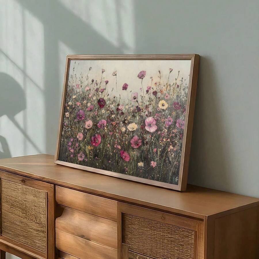 1 pieza Cartel de lienzo vintage enmarcado/sin enmarcar con campo de flores silvestres bohemio, arte de pared floral botánico rústico y oscuro, paisaje minimalista, decoración de granja, estética de Cottagecore para dormitorio, sala de estar, dormitorio, decoración del hogar moderna