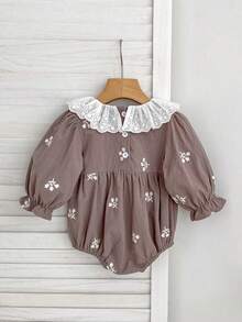 韩版春秋季长袖婴儿花卉刺绣蕾丝领女宝宝连体衣 - 灰色 - 查看 3