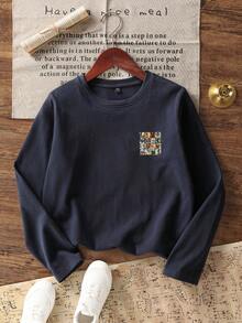 男童意大利风情图案印花圆领长袖T恤，秋冬上衣 - 藏蓝色 - 查看 2