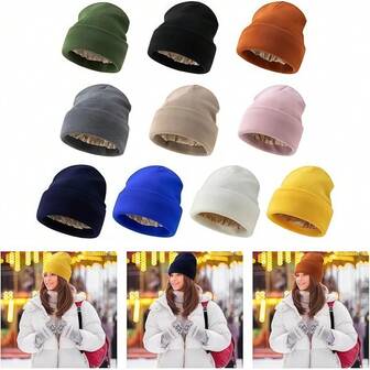 1pc Knitted Satin Lined Casual Hat, Versatile, Satin Lining, Non-Damaging To Hairstyle, Thermal Lined Warm, Soft & Fashionable Accessory, Unisex Extra Long Knitted Knitted Beanie, Suitable For Winter Outdoor, Cycling, Skiing, Ideal Holiday & Birthday Gift