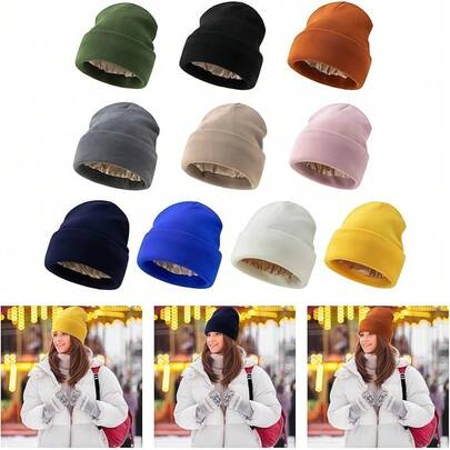 1pc Knitted Satin Lined Casual Hat, Versatile, Satin Lining, Non-Damaging To Hairstyle, Thermal Lined Warm, Soft & Fashionable Accessory, Unisex Extra Long Knitted Knitted Beanie, Suitable For Winter Outdoor, Cycling, Skiing, Ideal Holiday & Birthday Gift