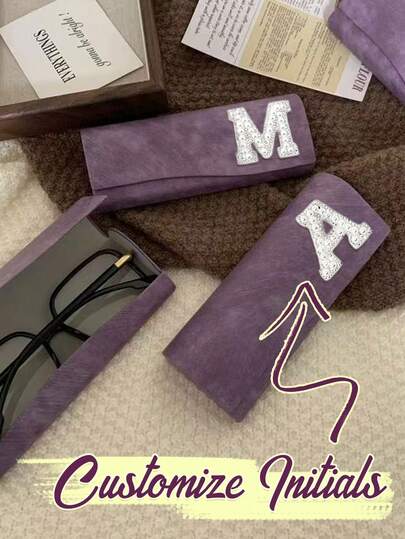 Custom Initials Glasses Case,Faux Pearls Letters With Rhinestone Decor,Letters A-Z,Personalized Name Glasses Case,Sunglasses Holder,Eyeglass Faux Leather Carrying Pouch,Simple Retro Yangba Pattern Handmade Glasses Case