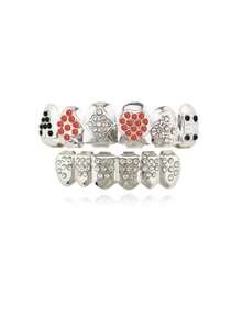 1 Set Personalized Playing Card Rhinestone Teeth Grillz, Fashionable Hip Hop Teeth Jewelry For Music Festivals