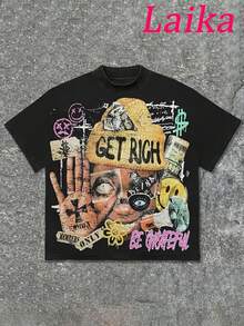 [Camiseta Motivacional Audaz] Camiseta Gráfica Y2K para Hombre - Diseño Motivacional de Dinero Audaz| Camiseta de moda urbana con eslogan GET RICH & LORD PROTECT MY FAMILY - Camiseta ligera de verano para moda urbana y atuendos casuales - Lavable a máquina, ajuste regular, cuello redondo, top con estampado desgastado, tela transpirable - Negro - Ver 2