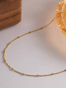 1pc Stainless Steel Fashion Personalized Single Layer Chain Necklace, Side Pearl Chain Necklace, Basic Daily Accessory (Pearl Bead Position Random) - Gold - View 4