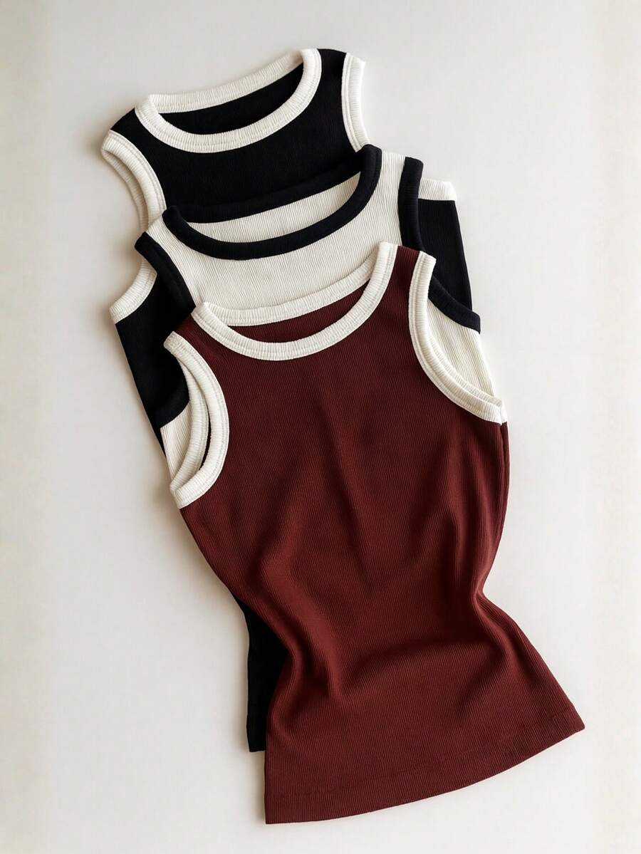 Kit 3 Women's Ribbed Ribbed Blouse Basic Two-Tone Tank Top Ideal For Everyday And Work - Brown, White and Black - View 1
