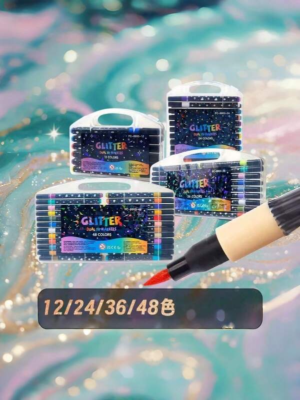 1 Set de 12/24/36/48/60 piezas de bolígrafos con purpurina, marcadores con punta de pincel brillante, pinceles de punta fina de cabeza única multicolor para pintura DIY, dibujo artístico, bolígrafos para colorear para adultos y niños, suministros de arte, juegos y juguetes educativos, regalo de Navidad, set de dibujo de alta calidad multicolor, un regalo maravilloso para niños