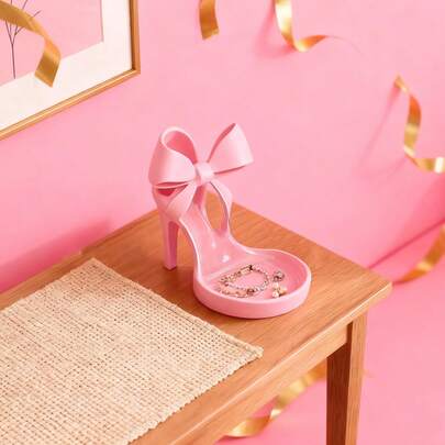 Soporte para joyas con forma de tacón alto impreso en 3D - Bandeja de joyas con forma de zapato elegante con decoración de lazo, portaanillos y función de almacenamiento, accesorio de escritorio con lazo rosa, adecuado para tocador, armario, escritorio - Regalo duradero de plástico para mujeres (compatible con bandeja de joyas, exhibidor de anillos, bandeja de accesorios, bandeja decorativa, bandeja de almacenamiento de joyas, bandeja de exhibición, joyero)