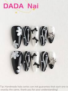 10 Pcs Handcrafted Acrylic Press On Nails, Nails Supplies, Almond Nails, Press On Nails Medium, White Nails Black Nails, Christmas Nails, Y2k Nails, Cute Nails, French Tip Nails, Nail Gems, Fall Press On Nails, Party, Bowknot, Pearl Decoration, Hand Painted, Floral, Heart Shape, Fake Nails, Nail Stuff, Gelx, Uv Light Nails, Nail Art Tool, For Women & Girl