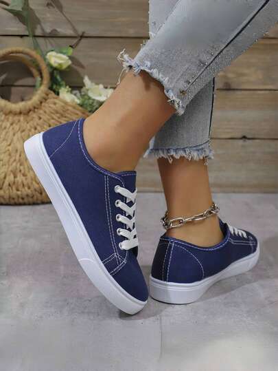 Women's Classic Canvas Shoes - Low Top Lace-Up Sneakers With Comfortable Flexible Sole For Casual Wear, Streetwear Fashion Sneakers.