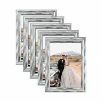 Set de 5 marcos de galería con textura plateada, que muestra fotos de 3.5x5", 4x6", 5x7", 6x8", 8x10" en orientación horizontal y vertical, adecuado para dormitorio nórdico, sala de estar moderna, pasillo, exhibición de pared de galería, gran regalo para Navidad, Halloween, Día de San Valentín. (Papel fotográfico incluido al azar)