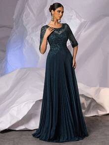 闪亮半袖褶裥正式礼服，适合婚礼宾客；A字长款精致蕾丝晚礼服，饰有亮片手工串珠贴花；优雅新娘母亲礼服；伴娘礼服；女士正式晚礼服；后背拉链 - 藏蓝色 - 查看 9
