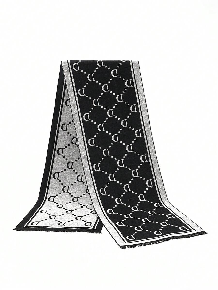 1 pieza Bufanda corta con flecos de doble cara de imitación de cachemira, cálida y suave, para hombre, adecuada para mantener el calor, ropa exterior, viajes, fotografía, regalos festivos - Blanco y Negro - Ver 1