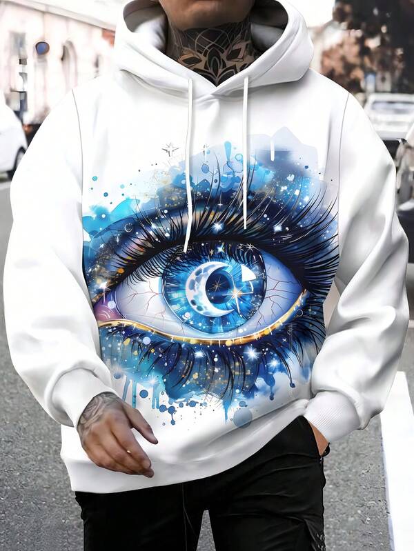 بلوزة هوديي كاجوال للرجال بأكمام طويلة وسحاب، طباعة عين، للخريف والشتاء