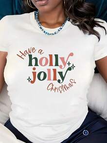 Plus Size Women's Christmas T-Shirt With Have A Holly Jolly Christmas Print, Festive Holiday Top For Xmas Party And Winter Celebrations,220g - White - View 1