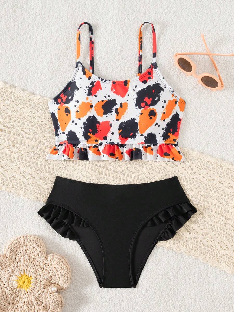 少女扎染印花荷叶边可爱泳衣套装 - 橘色 - 查看 1