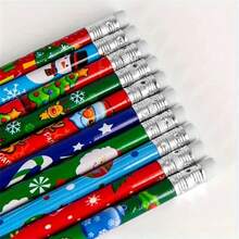 12/24 件圣诞铅笔套装带橡皮擦 - 雪人、圣诞老人、雪花和糖果设计 - 非常适合书写、绘画、奖品和派对礼物，学生必备，桌面配件，有趣的铅笔，卡通图案，书写流畅，木质，包括橡皮擦、防滑铅笔，适合办公室工作人员和艺术家 - 彩色 - 查看 10