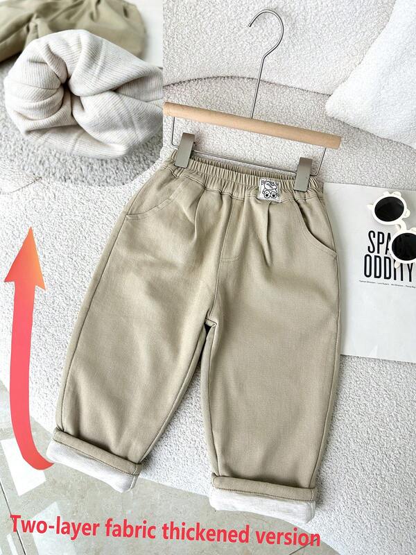 Pantalones casuales de algodón lavado de doble capa para niño pequeño, diseño deunicoloro con cintura elástica, simple y elegante, adecuado para otoño/invierno, uso diario y actividades al aire libre