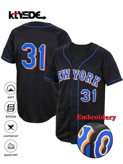 KTYSDE Men's #31 Black Baseball Jersey With "NEW YORK" Embroidered Letters, Loose V-Neck Short Sleeve Cardigan Casual Sports Top