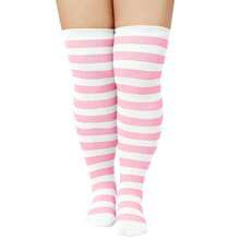 Zando Plus Size Thigh High Socks For Thick Thighs Women Striped Thigh High Stockings Over The Knee Socks Leg Warmers{"Size_name":"OneSize","Color_name":"PinkWhite"} - 粉紅白 - 查看 2