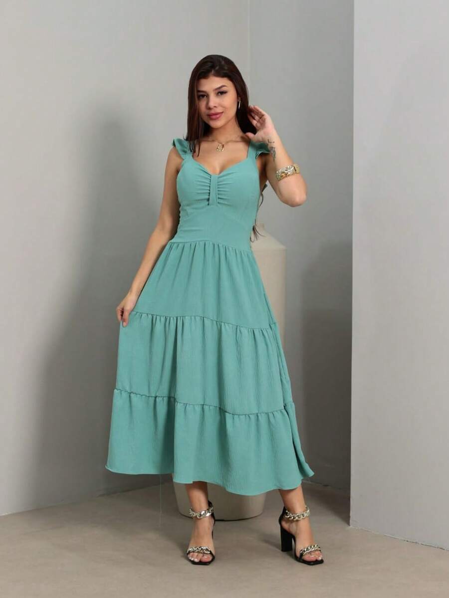 Duna Luxury Midi Dress, Plain, Gathered, With Ruffle On The Sleeve - Mint Green - View 1
