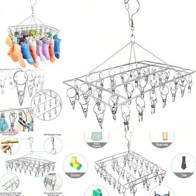 不锈钢多功能袜子晾衣架，带旋转挂钩 - 防风衣架，适用于晾晒袜子、胸罩、内衣 - 必备洗衣配件，可作衣夹，情人节家居装饰