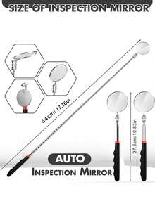 1/2pcs 1 Telescopic Folding Inspection Mirror For Car Maintenance - Black, Carbon Steel And Glass, Underbody Viewing Tool With Red Decorative Handle